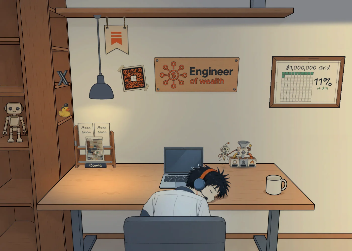 Seb's office: a desk with a laptop and a little robot plugged into the Newsletter Triage machine, a $1,000,000 grid poster, a Substack banner, an X figure on the shelf and a comic stand with Issue 1 under the lamp